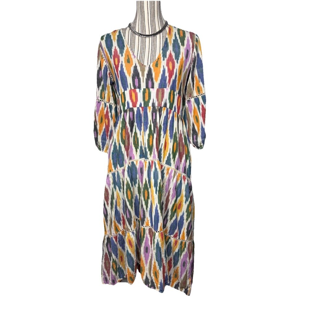 LA PLAGE colorful 3/4 Sleeve 100% cotton vneck maxi dress XS (2/4) Made In INDIA
